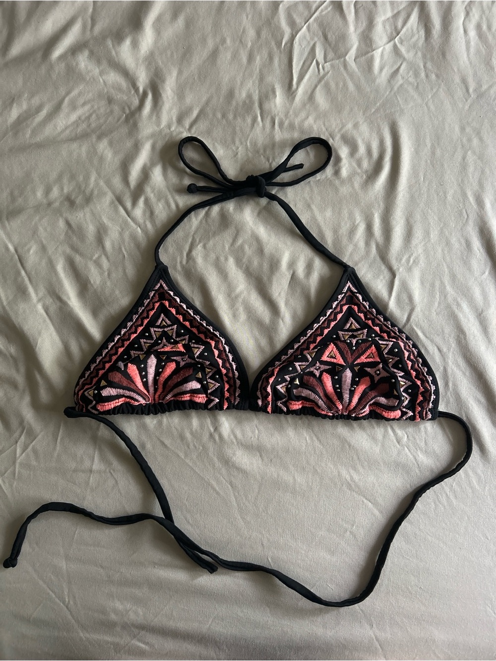 Xhilaration Black & Pink Embroidered Triangle Swim Top